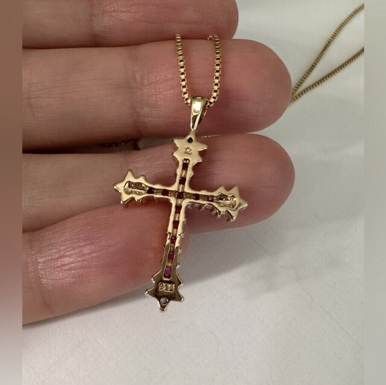 2Ct Round Cut Simulated Red Ruby Religious Cross Pendant 14K Yellow Gold Plated