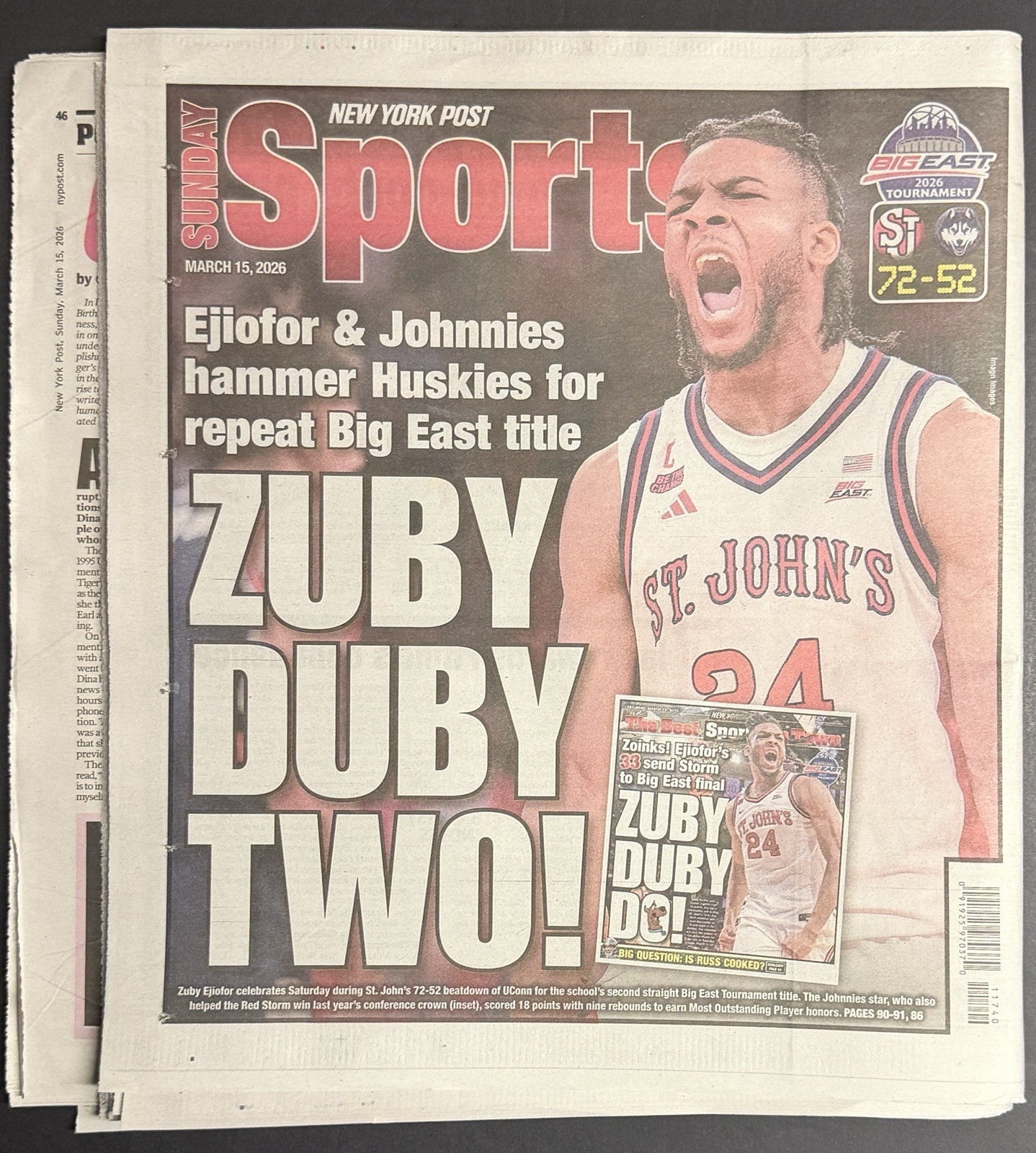 3/15/26 - St. John’s Red Storm - BIG EAST CHAMPS - NY Post Newspaper