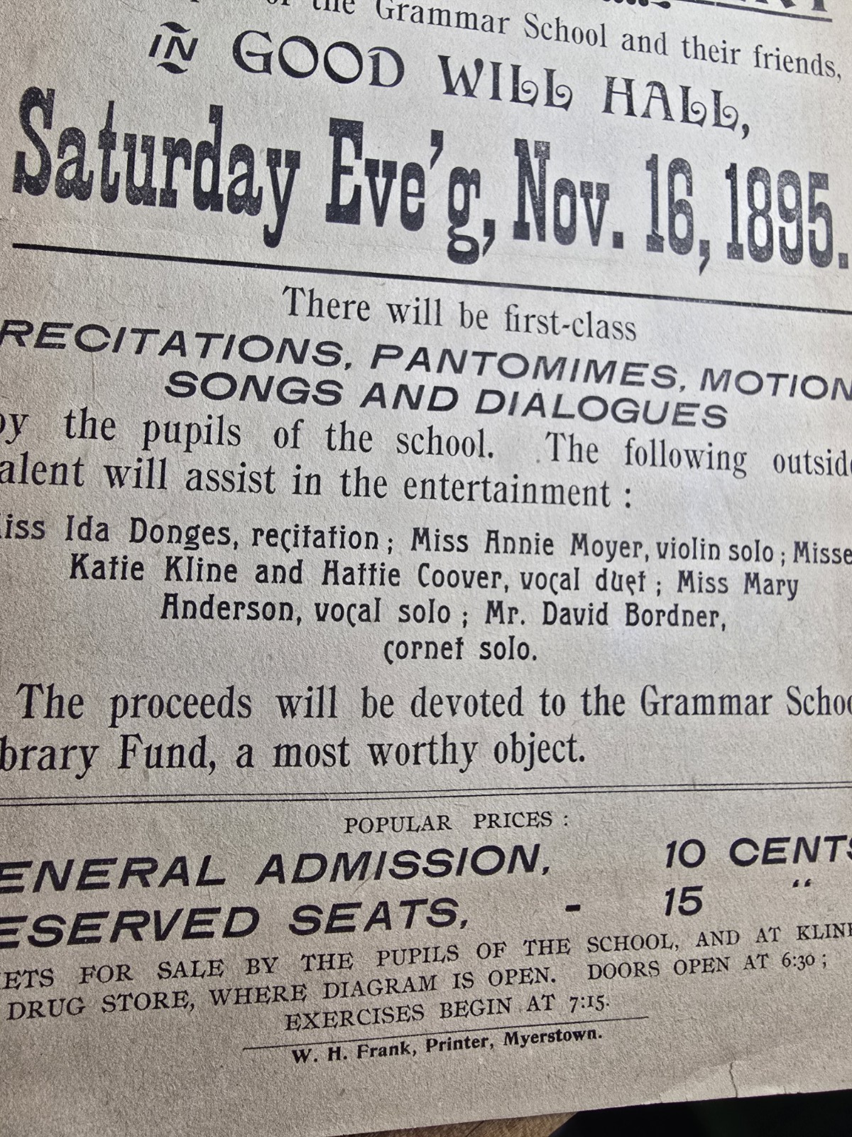3 antique flyer Playbill 1895 1896 Myerstown PA Good Will Hall Lebanon Tennyson