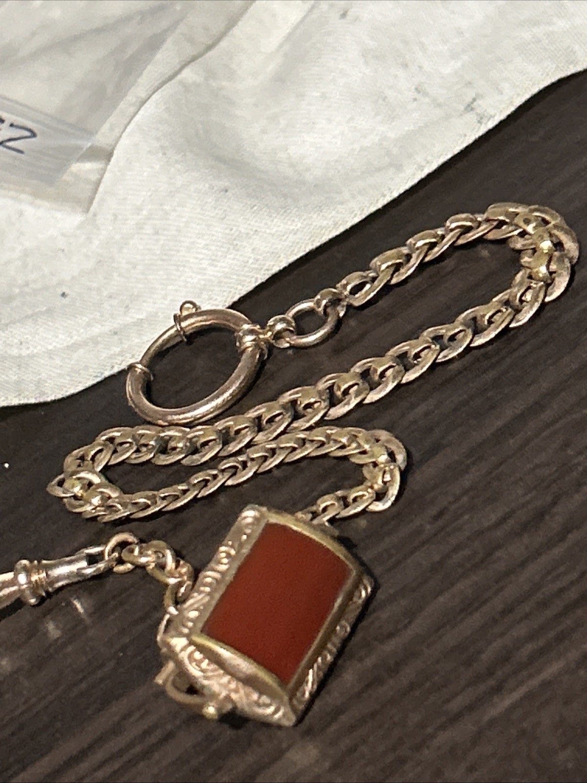 Vintage CHARNIER 1/10 Watch Chain Rose GF Abalone Carnelian Spinner GF Fob 11”