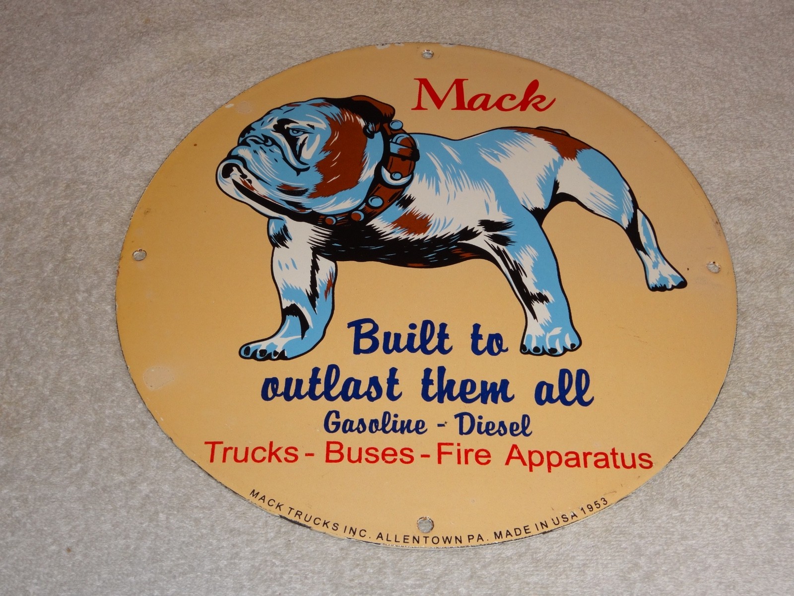 VINTAGE MACK🐶TRUCKS BUSES GASOLINE DIESEL 11 3/4" PORCELAIN METAL OIL DOG SIGN