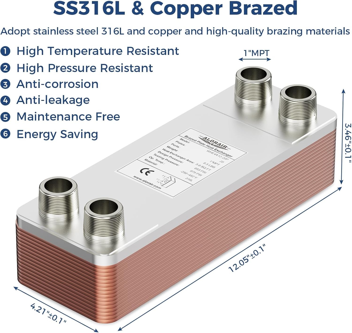 ALORAIR 20 Plate 4"x12" Brazed Plate Heat Exchanger, 1" MPT Ports, 316L St.Steel