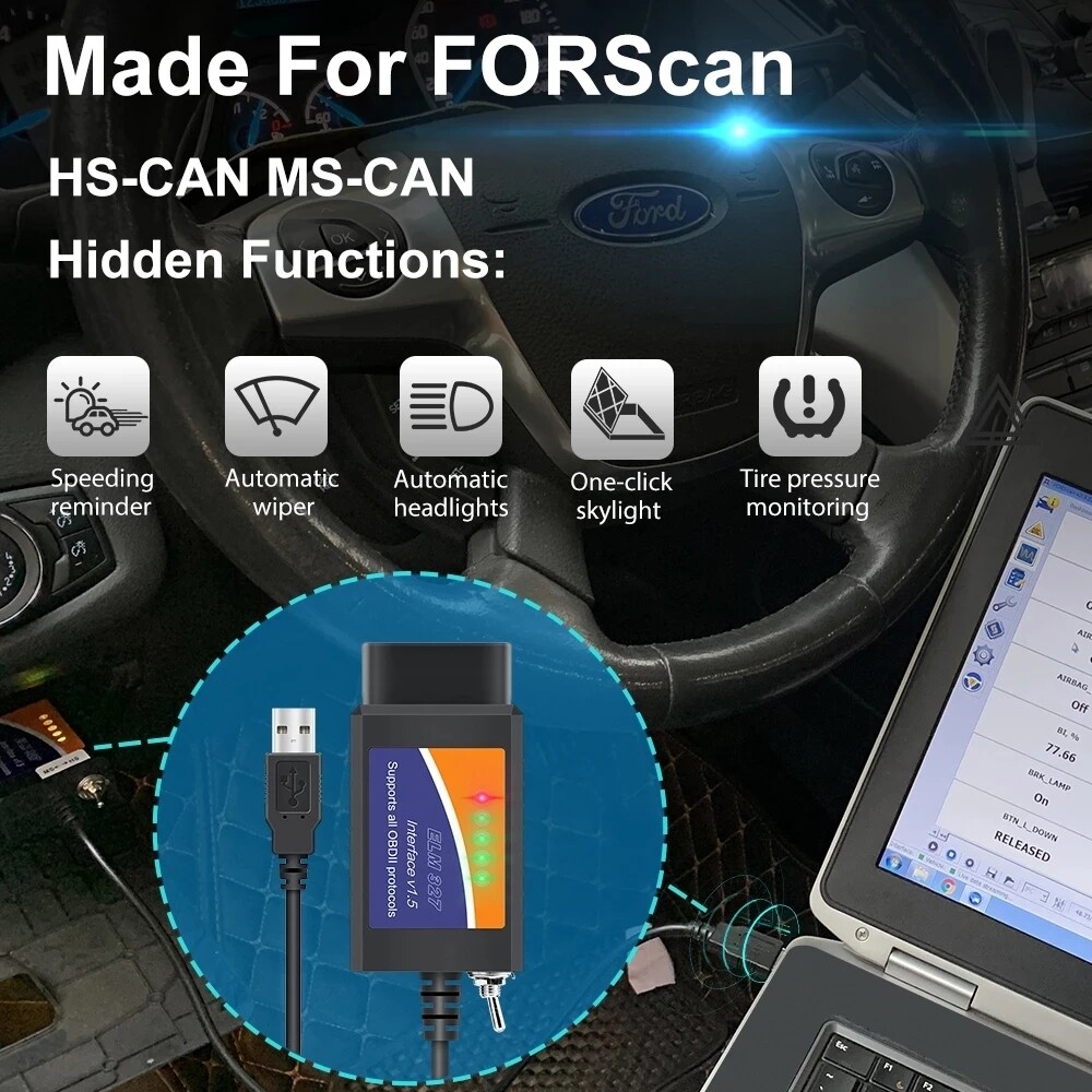 FORScan ELM327 Software OBD2 Scanner Adapter USB Diagnostic Tool Cable for Ford