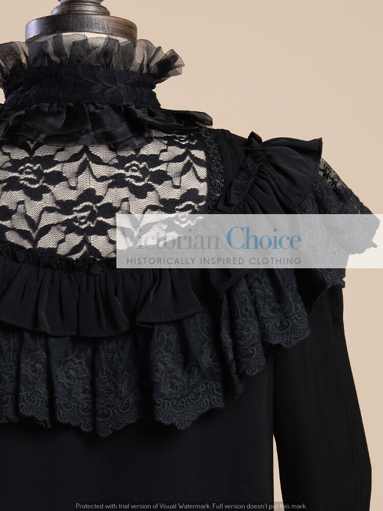 Victorian Edwardian Gothic High Collar Black Blouse Shirt Steampunk Witch B008