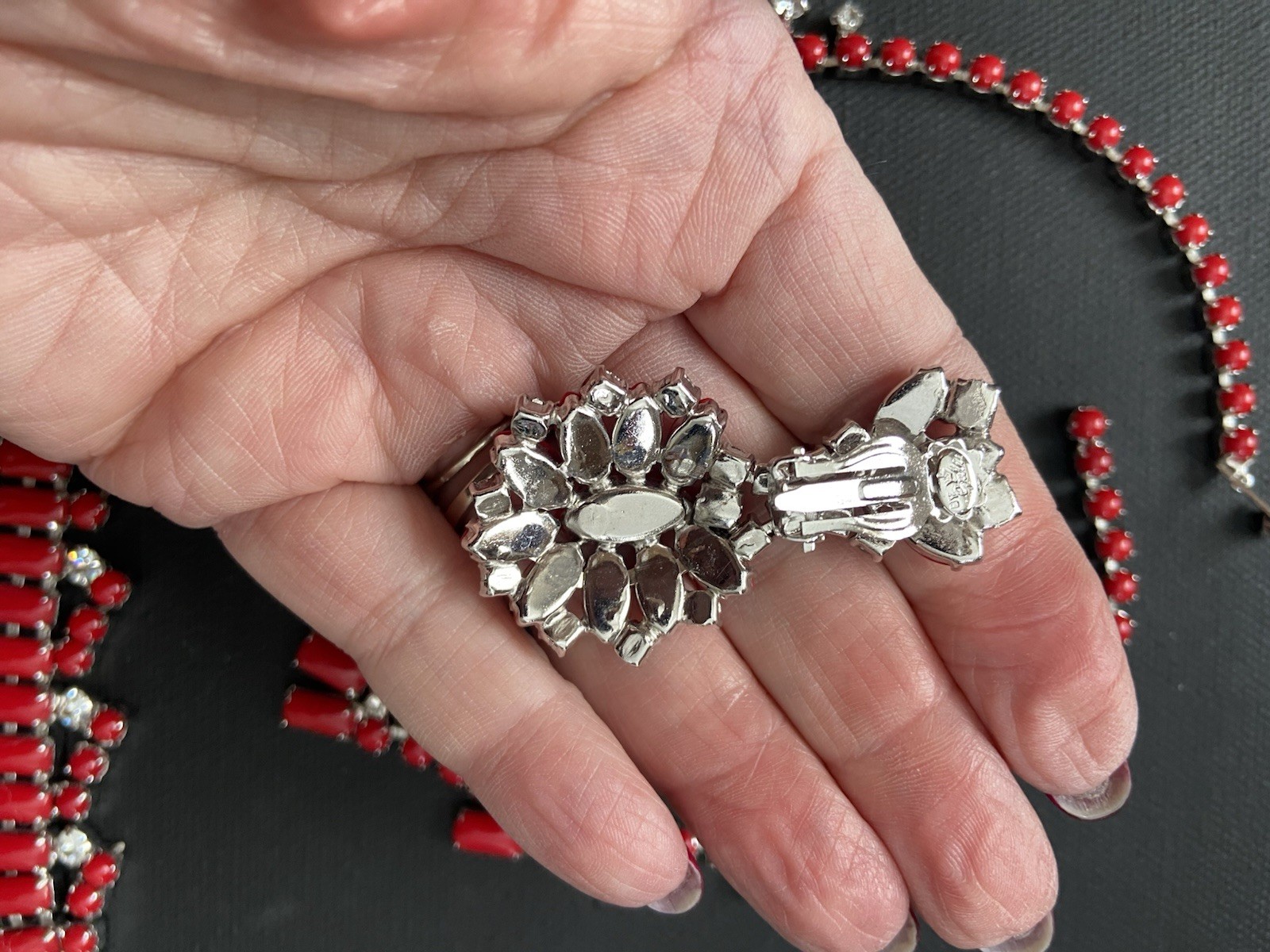 Vintage By Gale Demi Parure Deep Red Rhinestone Choker Bracelet Clip Earrings