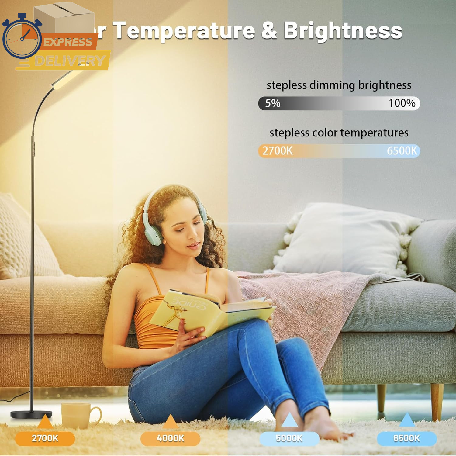 Dimmable LED Floor Lamp, Super Bright Reading Lamps Floor, Black