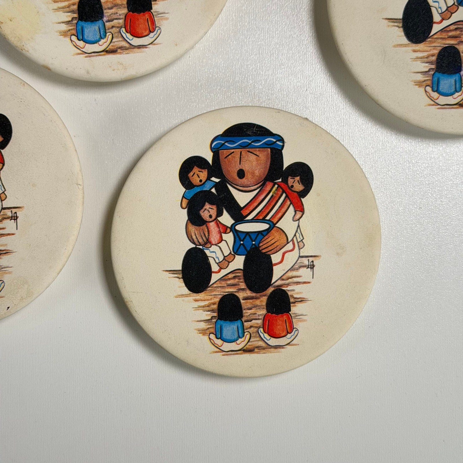 Vintage Native American Pueblo Storyteller Coaster Set Art Pottery Signed