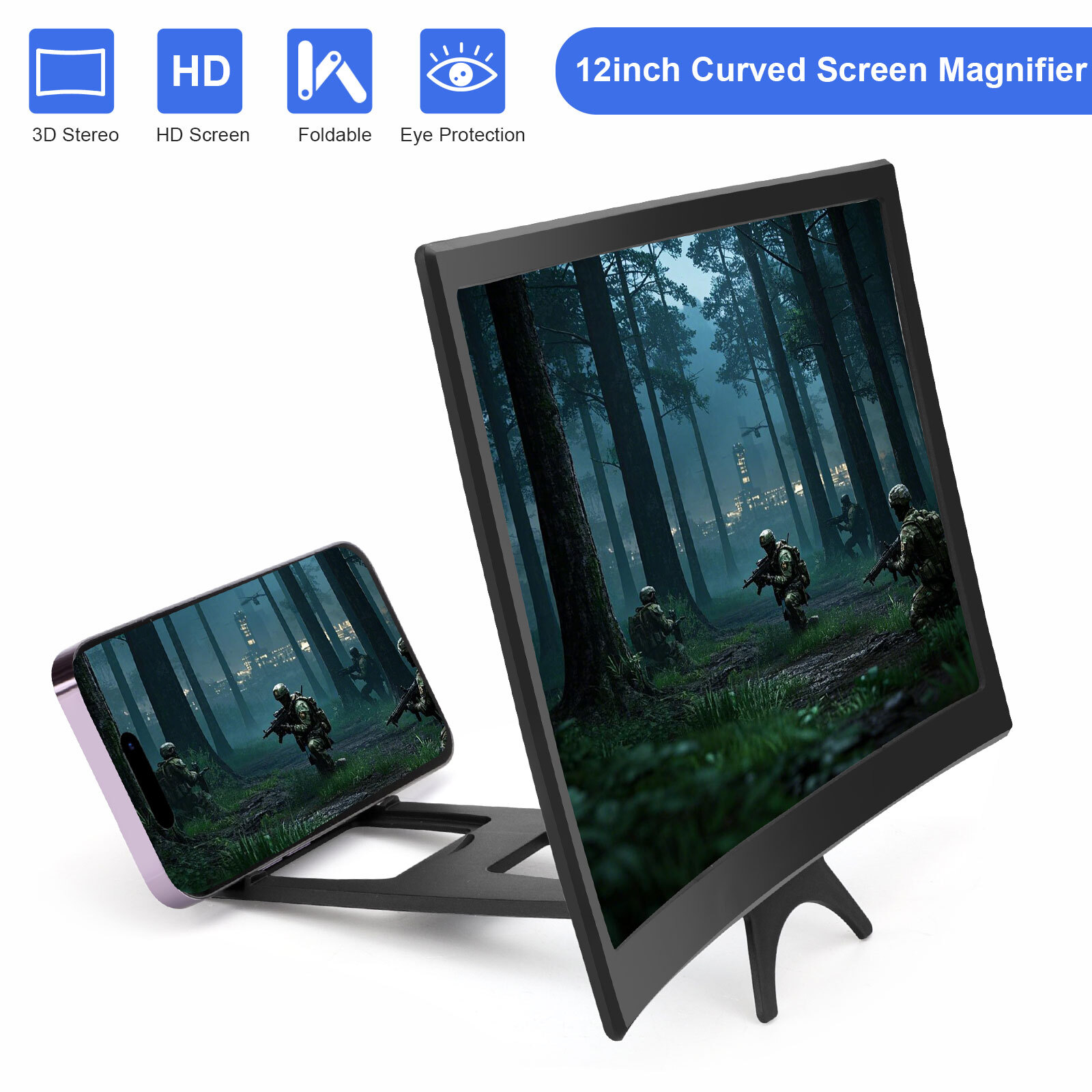 12" Mobile Phone Curved Screen Magnifier 3D HD Video Amplifier Stand