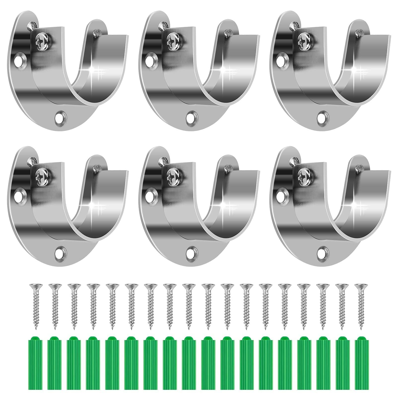 6-Pack Stainless Steel Closet Rod Brackets, U-Shaped Heavy Duty Flange Socket...