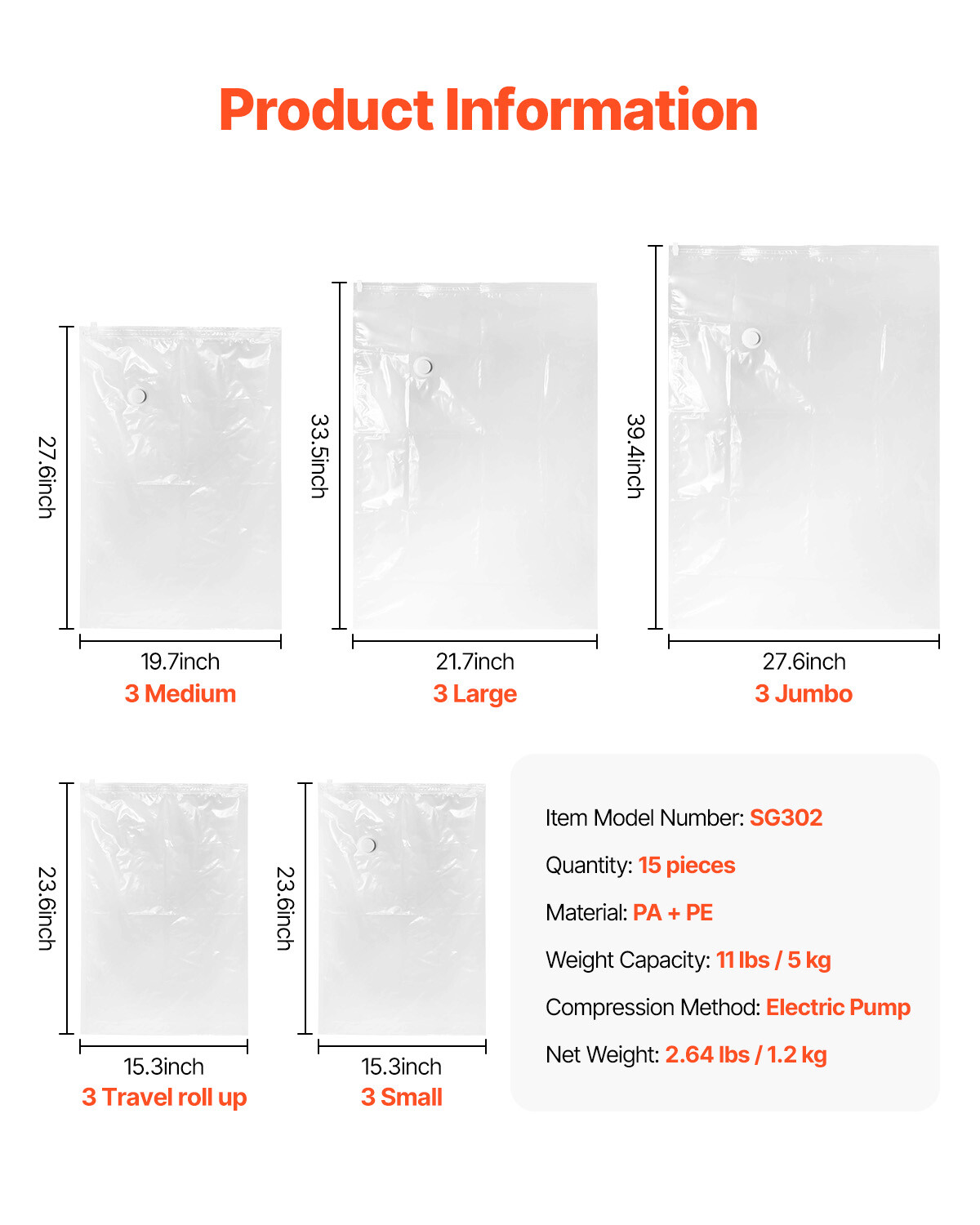 15 Pack Vacuum Storage Bags Space Saver Bag Cloth Saving Bag Electric Pump