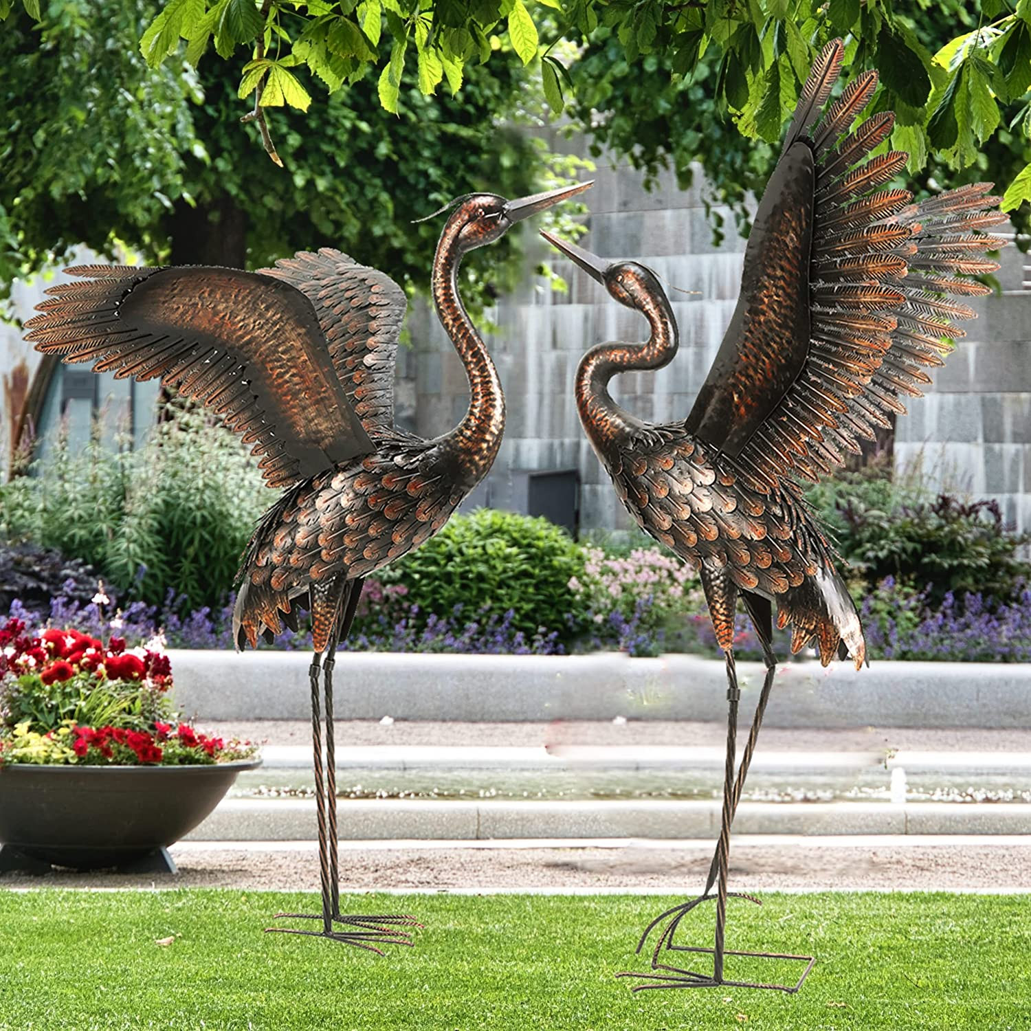 Outdoor Metal Heron Crane Statues 46” Yard Art Sculptures (Elegant Set of 2)