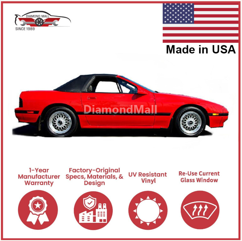 Convertible Soft Top Fits 1988-1992 Mazda RX-7 Pinpoint Vinyl Black, Top Only