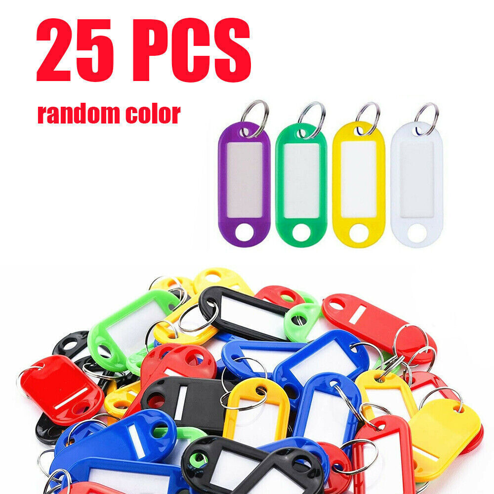 25-200 Plastic Key Tags Metal Ring Luggage Card Name Label Keychain Split Rings