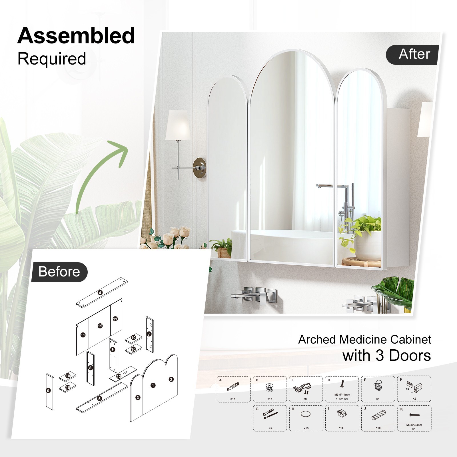 Triple Arch Medicine Cabinet 3 Doors Bathroom Mirror Cabinet with Trifold Mirror