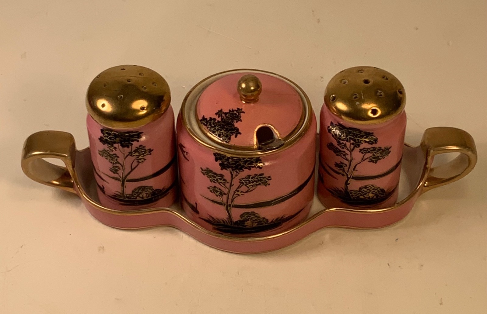 RARE Antique Noritake "M" Morimura Hand Painted Pink & Gold Comdiment Set & Tray