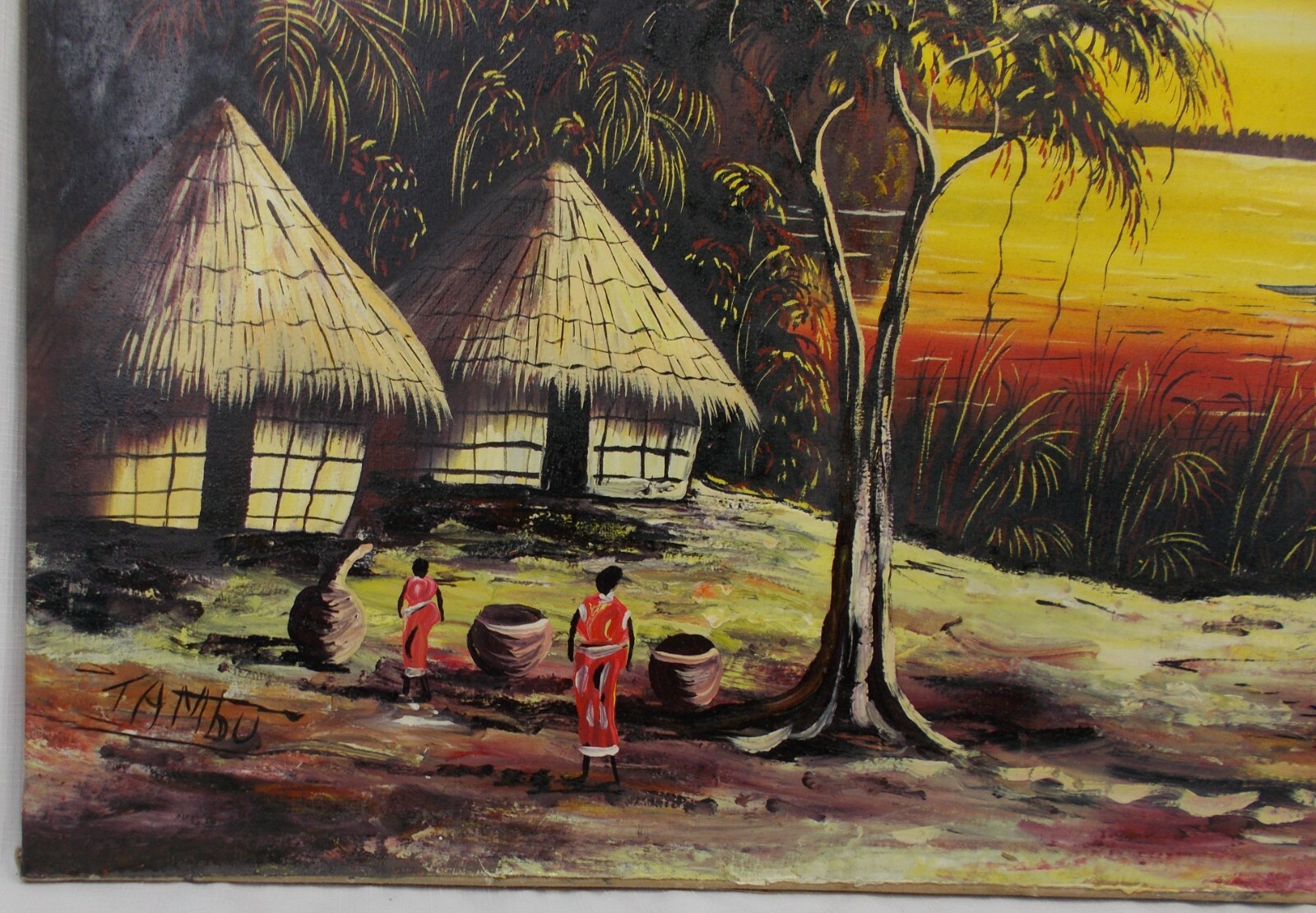 TAMBU 1960's Senegal African oil painting beach village sunset 43 x 28'