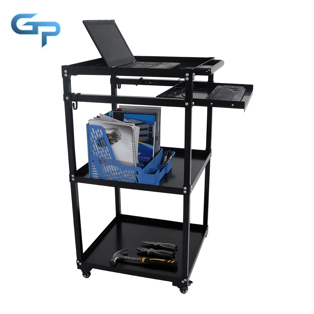3 Shelves Aluminum AV Utility Cart With Keyboard Tray Height Adjustable Height