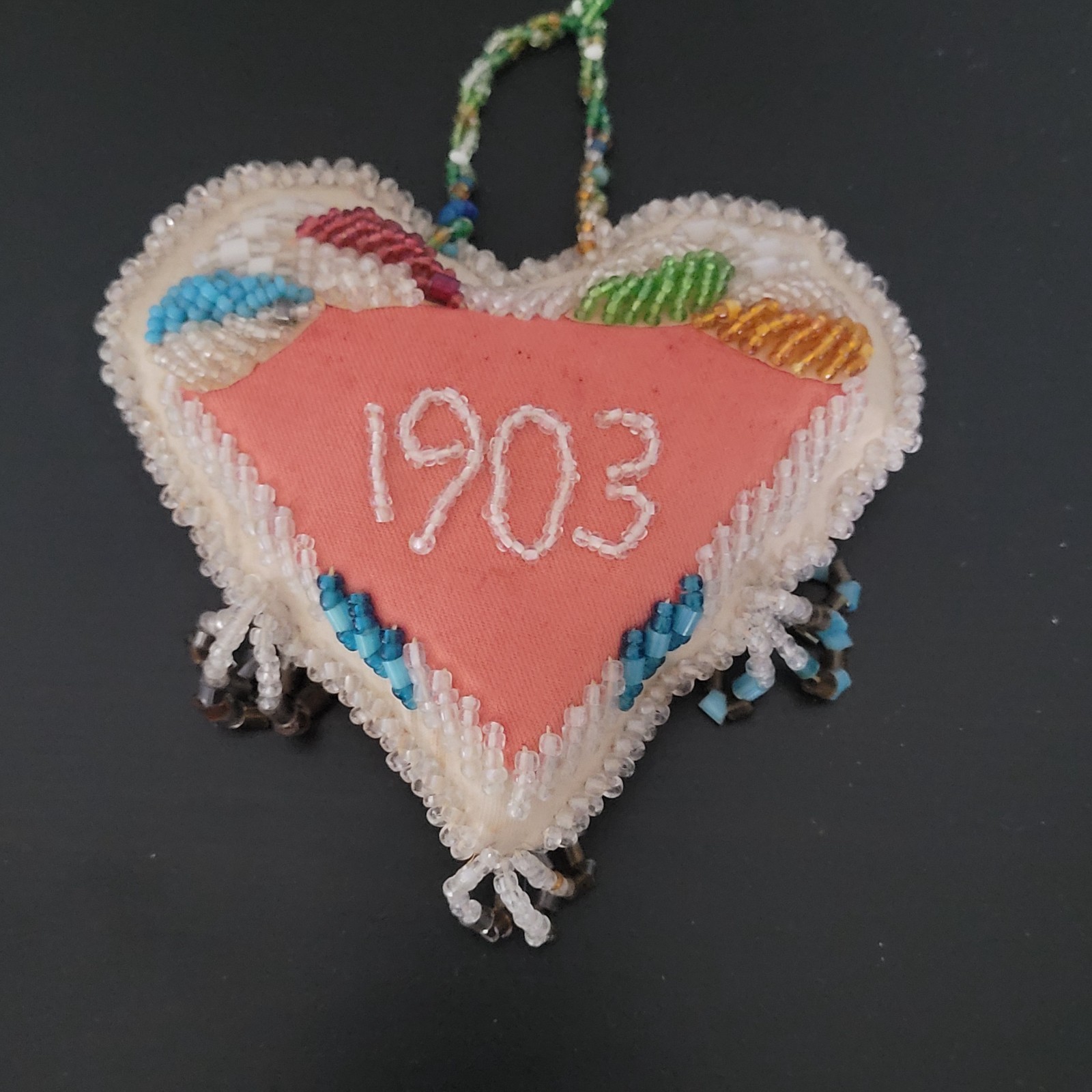 Antique 1903 Native American Beaded Heart Shaped Pillow Iroquis 5.5" x 5"