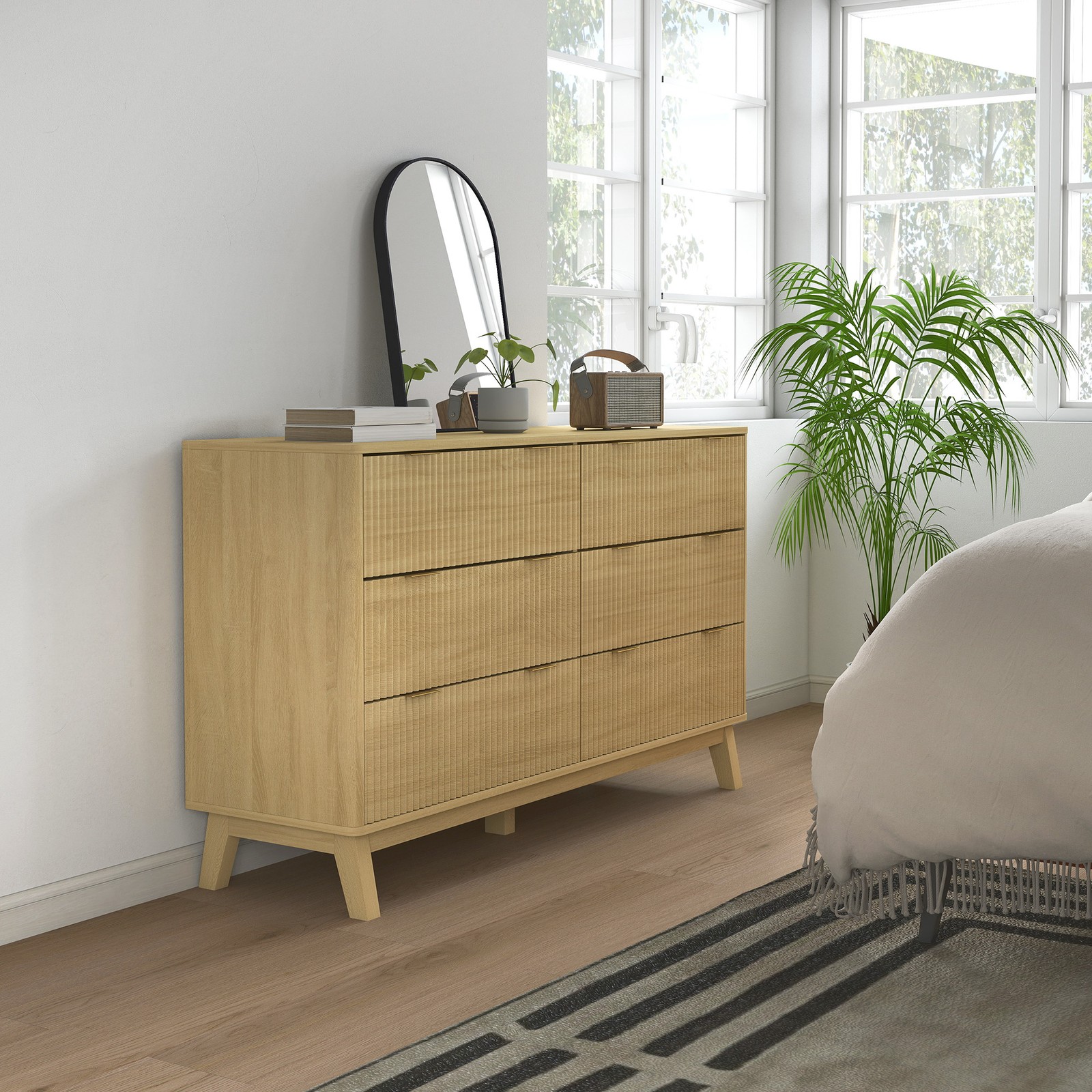 HOMCOM 6 Drawer Dresser for Bedroom, Fluted Chest of Drawers, Natural Wood