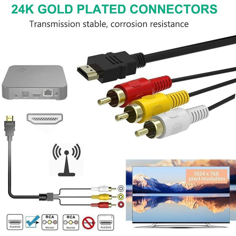 1080P HDMI Male to 3 RCA S-video AV Audio Cable Cord Adapter for TV HDTV DVD US