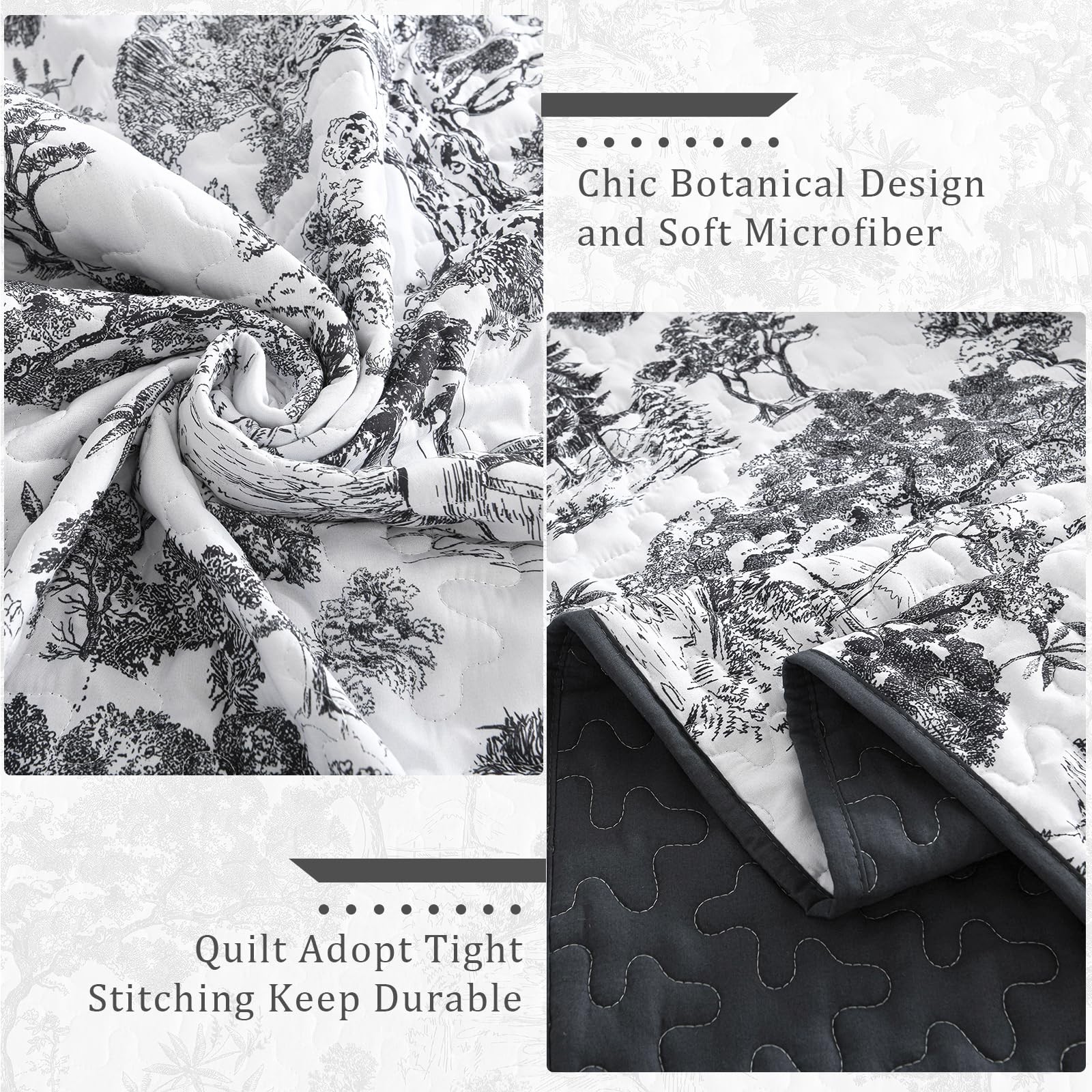WONGS BEDDING Botanical Quilt Set Full Size, Black 3 Pieces Toile Floral Plants