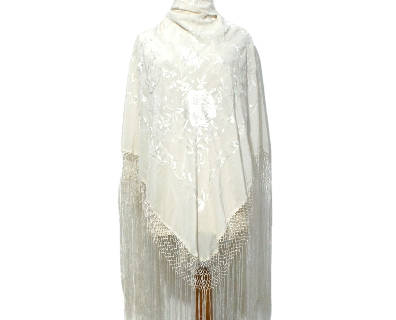 Antique Silk Shawl Wrap Piano Scarf HAND EMBROIDERED FLORAL WITH FRINGE.