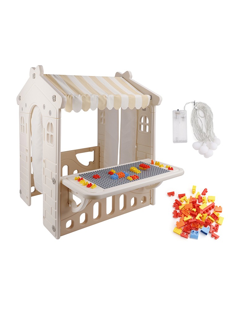 Kid Plastic Outdoor Playhouse With Light Strip And Building Blocks Toddler Toy-