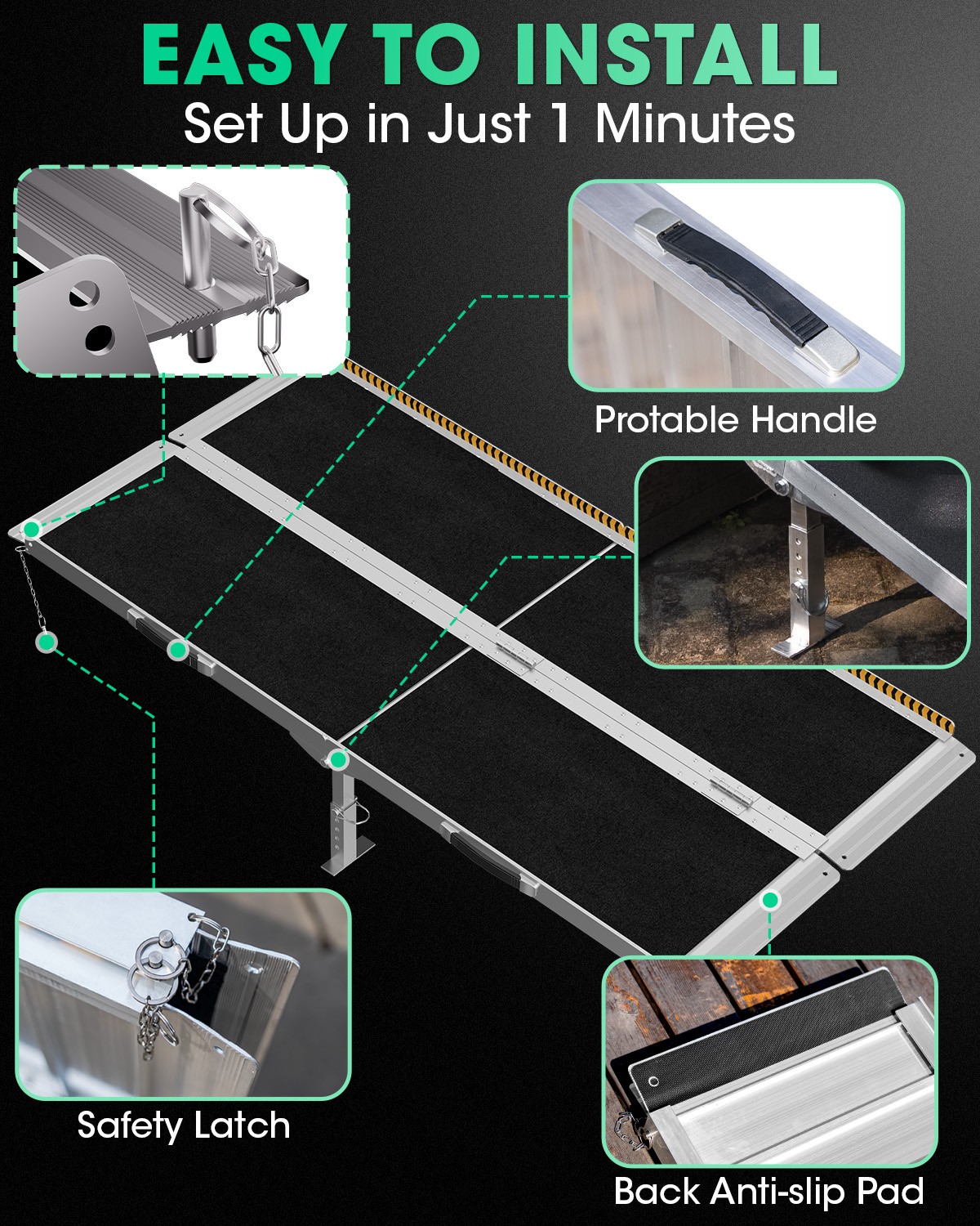 5ft Wheelchair Ramp with 4 Support Legs Aluminum Ramps for Home Steps & Stairs