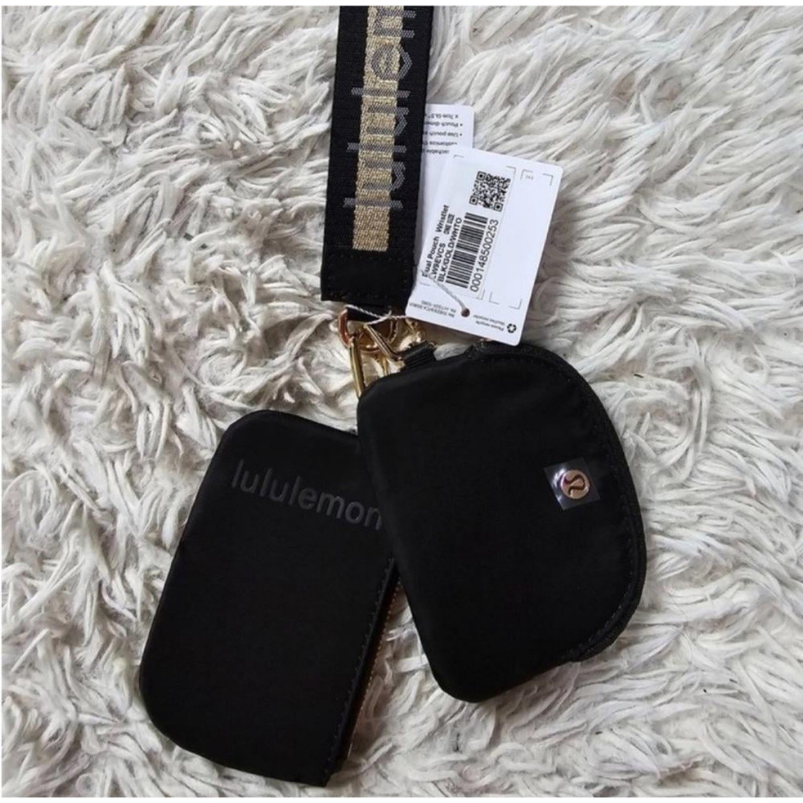 Lululemon Dual Pouch Wristlet Wallet Accessory Keychain Bag Black Grey and Gold