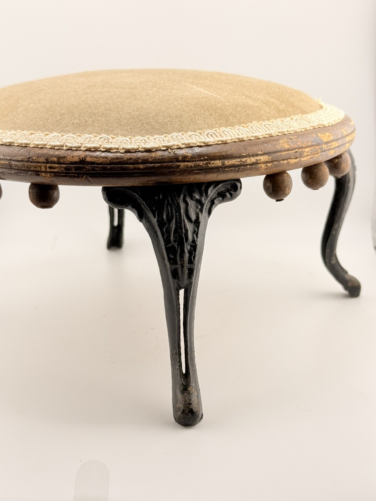 Antique Victorian Cast Iron Wood Foot Stool Ornate Read Description Partial Labe