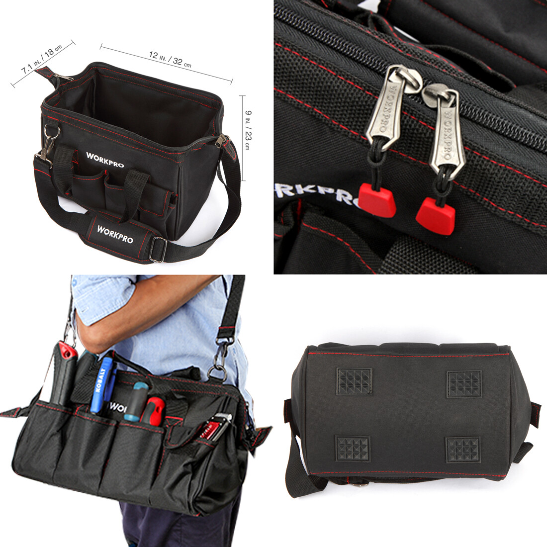 WORKPRO 16"/14"/12" Wide Mouth Tool Bag Black Tool Storage Tote with Rubber Base