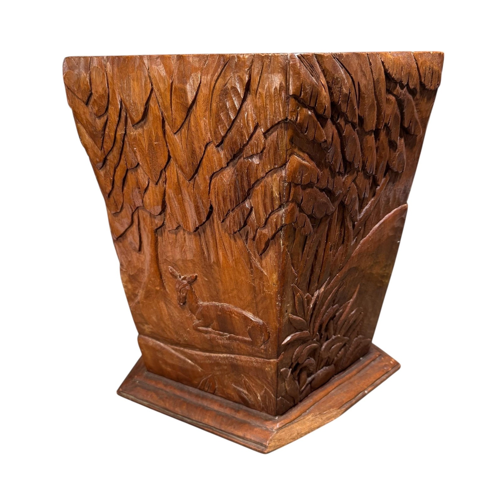 Vintage Hand Carved Wood Deer Forest Table Vase Pentagon Rustic Folk Primitive