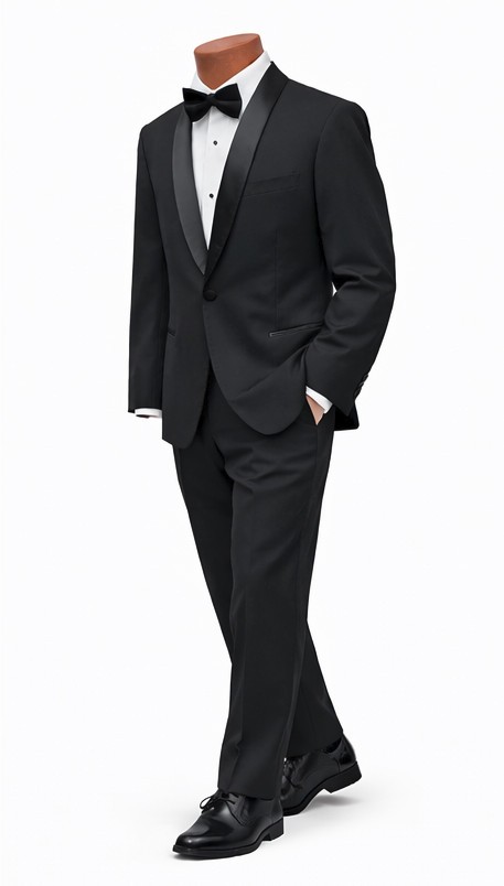 Black Satin Shawl Lapel Tuxedo with Pants Shirt Bow Tie & Studs Slim Fit 38S 32W