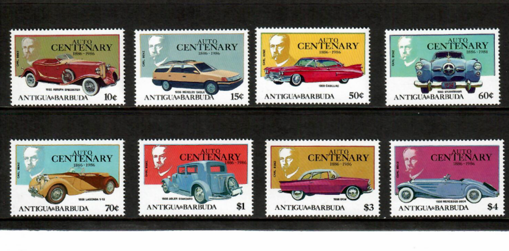 Antigua 1986 - Carl Benz Cars - Set of 8 Stamps - Scott #968-71 - MNH