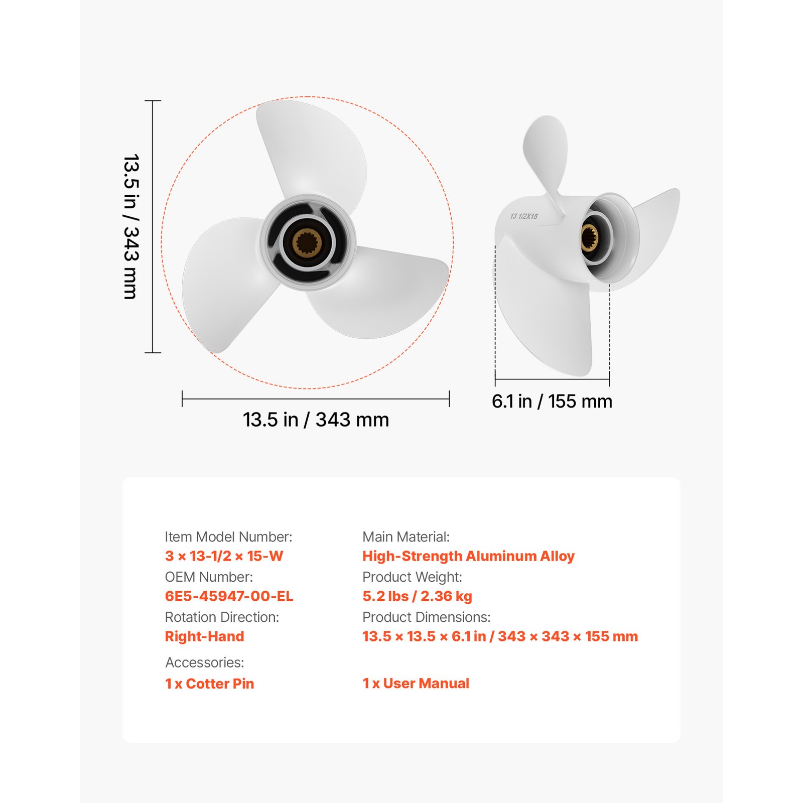 13 1/2 x 15 Aluminum Outboard Propeller for Yamaha Engines 60-130HP 15'' Pitch