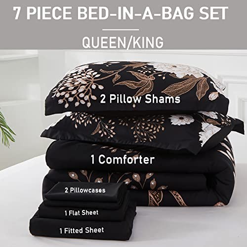 7 Piece Bed in a Bag Comforter Set Botanical Floral Bedding Queen Black Floral