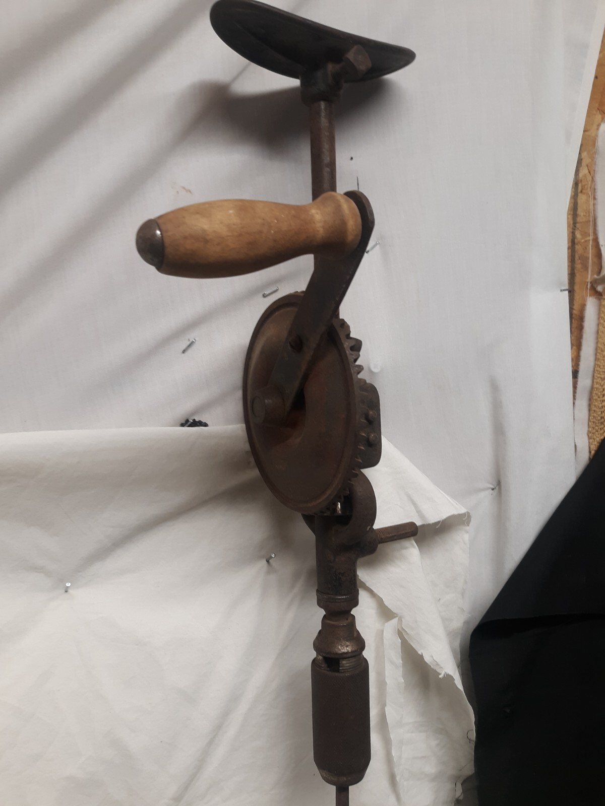 Antique Split Frame Hand Crank Drill Shoulder Brace with 2 Jaw Chuck 15"