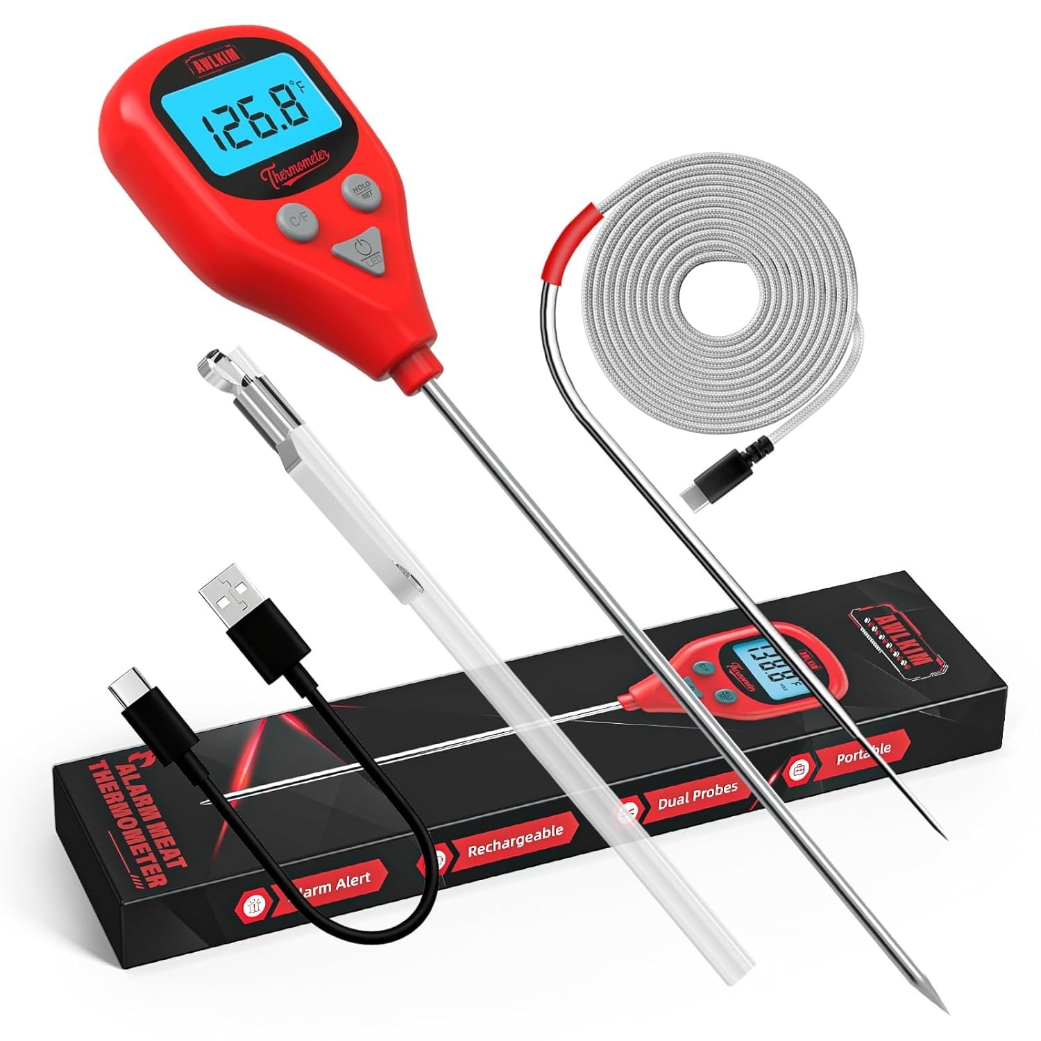 Rechargeable Digital Meat Thermometer with 3.3ft External Probe- Waterproof
