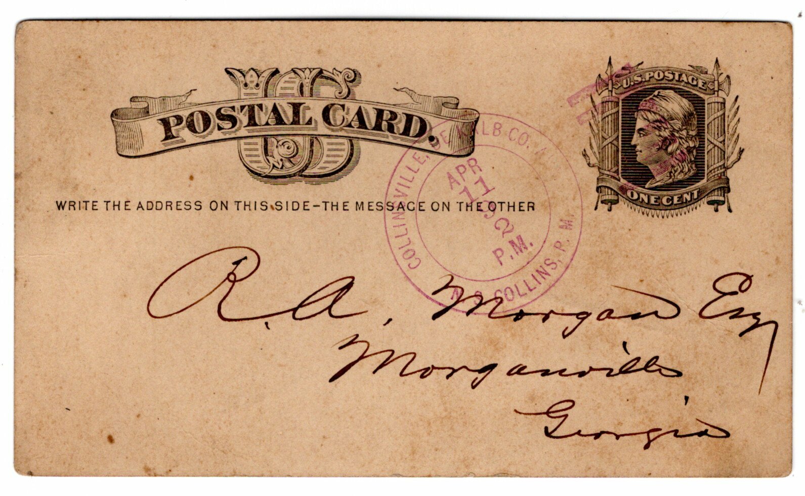 Collinsville AL Postmaster CCL (DeKalb Co) 1879 on UX5 to Morganville