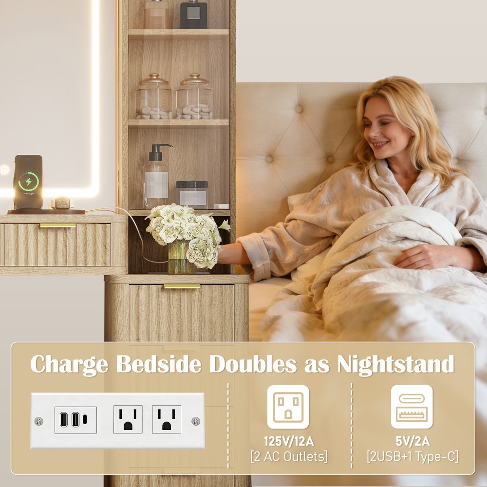 Cosmetic dresser with mirror, 10 drawers, stool, and charging station