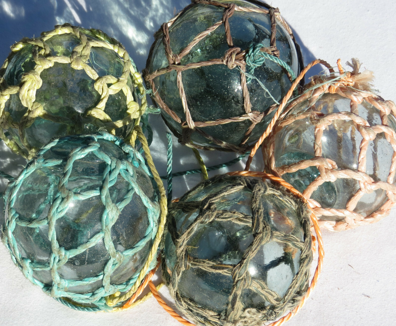 Japanese Glass Fishing FLOATS 3-3.5" Netted (5) FIVE Variable Nets Buoy Vintage