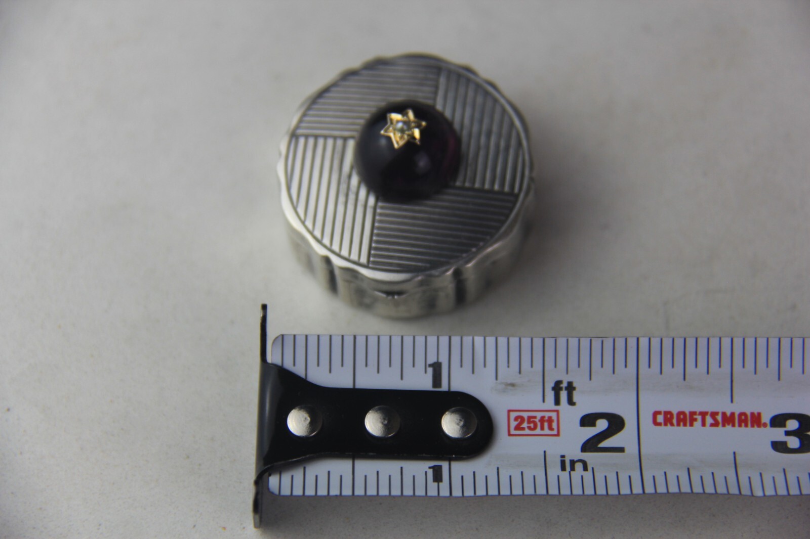 German 800 Silver Round Pill Box w/ Round Amethyst Cabochon & Seed Pearl on Lid