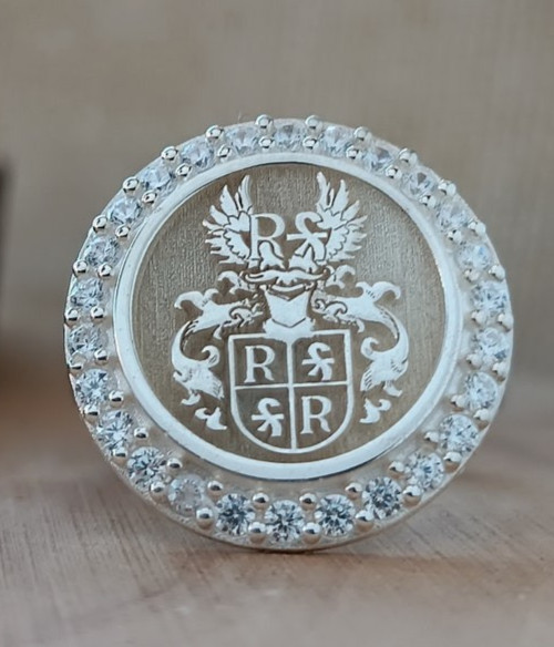 Custom Family Crest Signet Ring Sterling Silver with CZ Border Personalized Jewe