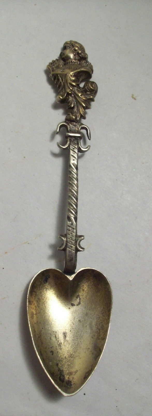 Antique German silver souvenir demitasse spoon heart bowl Queen lady handle top