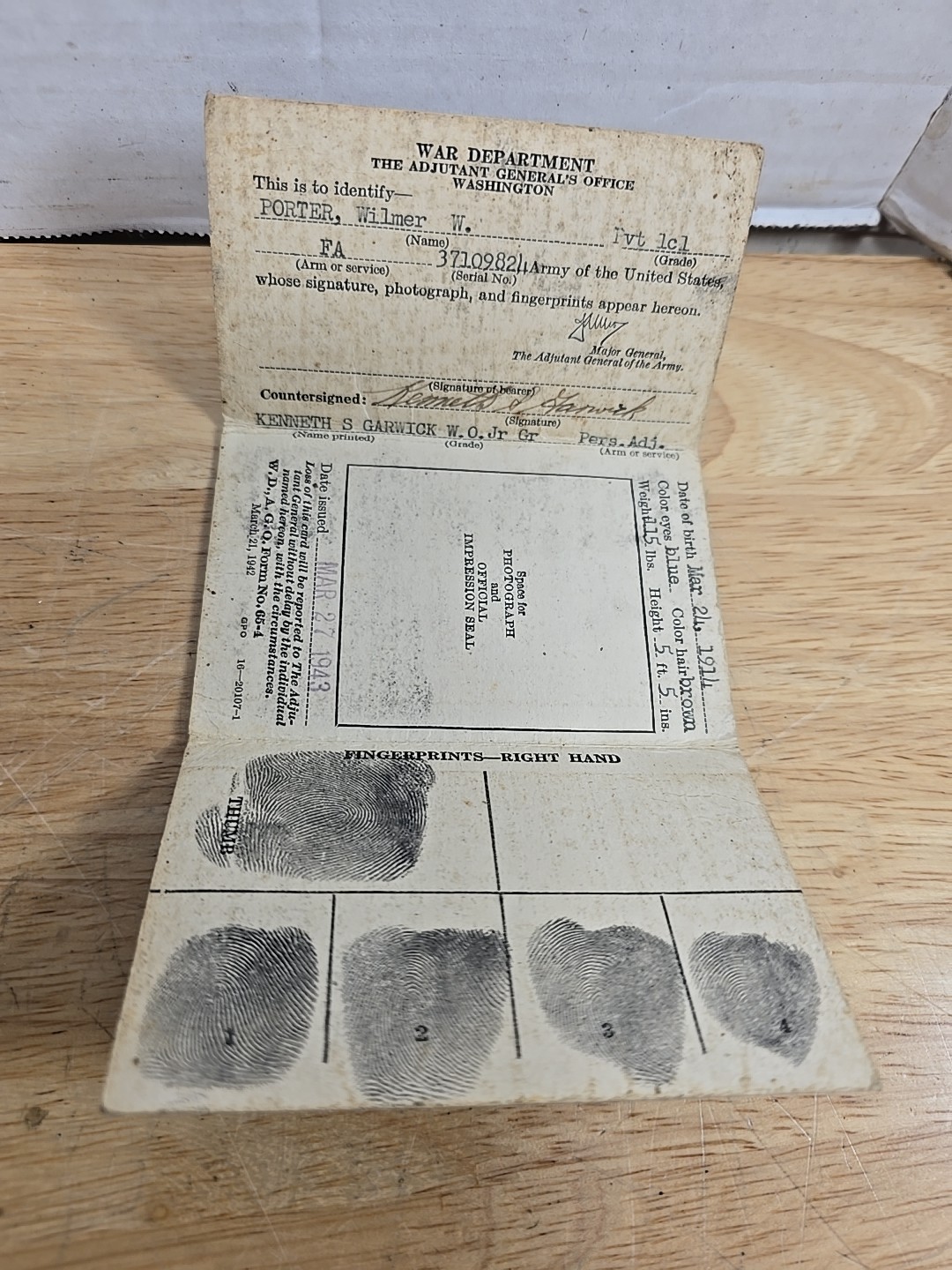 1943 WW2 War DEPARTMENT Identification Card US Army Rare