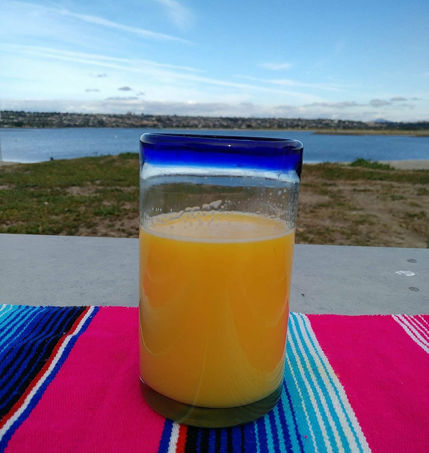 Hand Blown Mexican Drinking Glasses – Set of 6 Glasses with Cobalt Blue Rims...