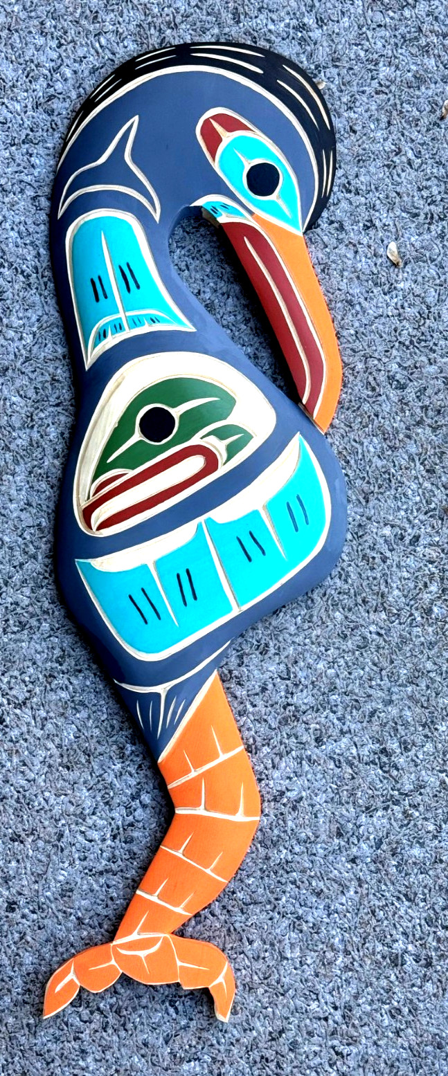 Northwest Coast Native Huge Detailed Yellow Cedar Baby Heron with salmon