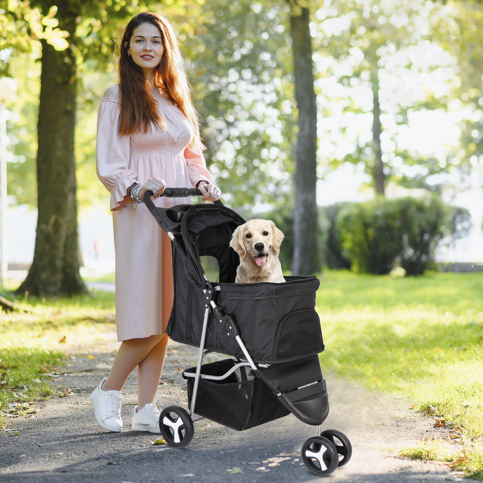 Dog Stroller Pet Travel Carriage 3 Wheeler w/Foldable Carrier Cart W/Cup Holder