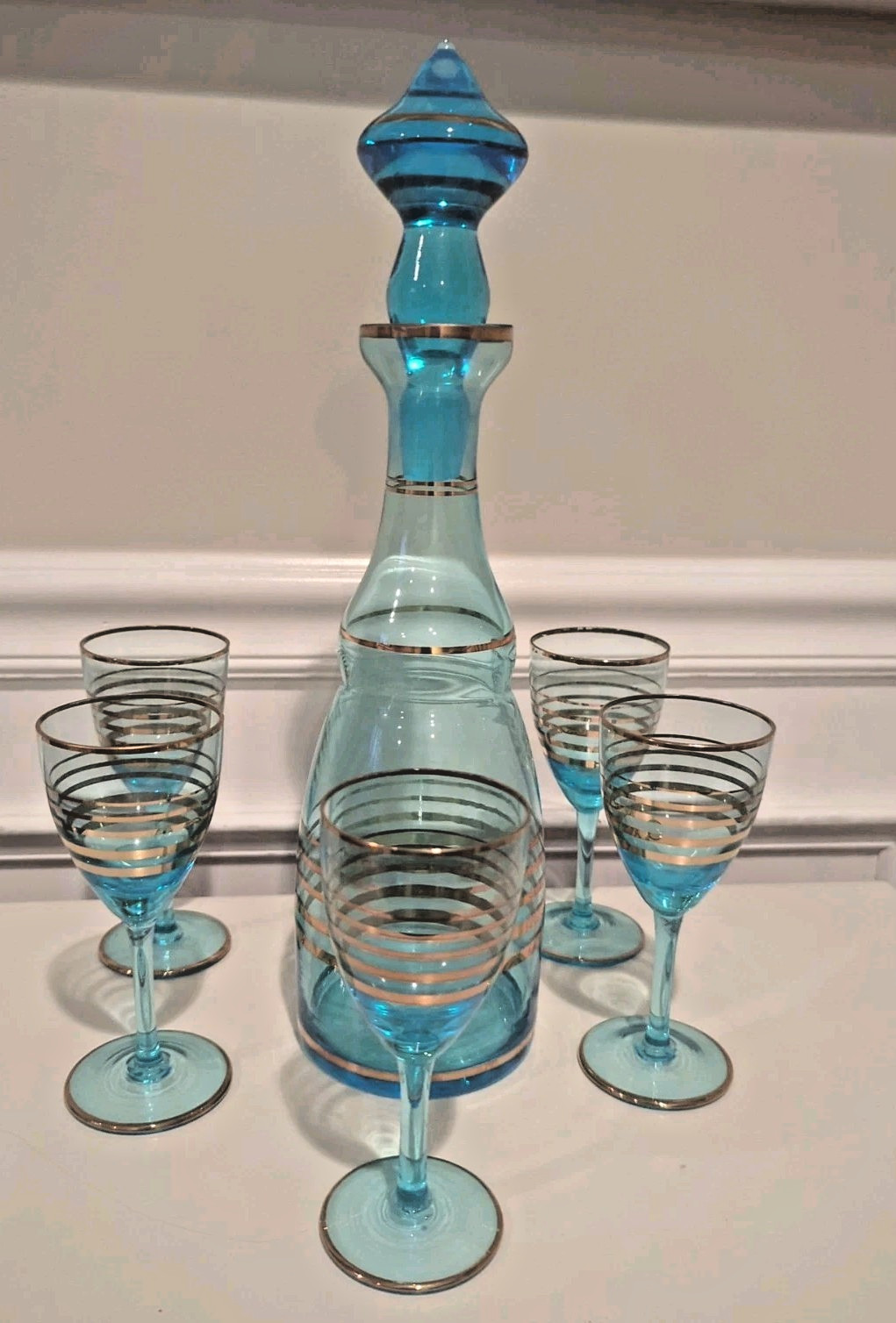MCM Vintage Teal Blue & Gold Romanian Glass Decanter 4 Cordial Glasses 7 pc Set