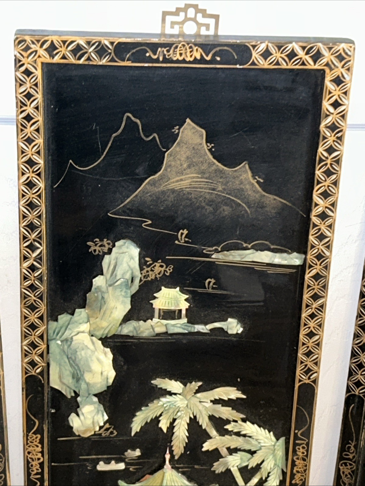 3 Vintage Laquered Asian With Mother of Pearl Panels 12”x 36” 2 Sets Available